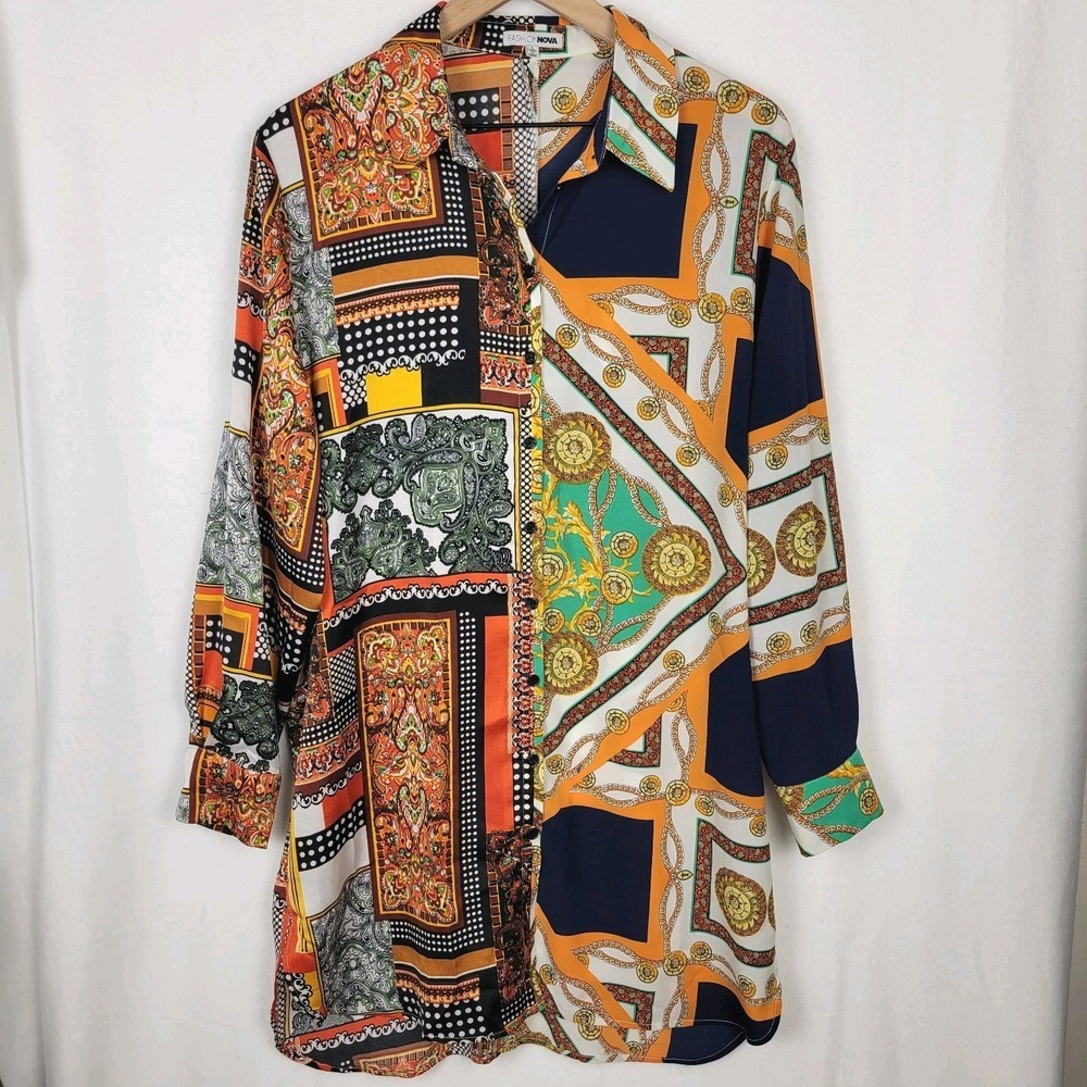 Fashion Nova Hold‎ My Calls Shirt Mini Dress Orange Patchwork Baroque Print L